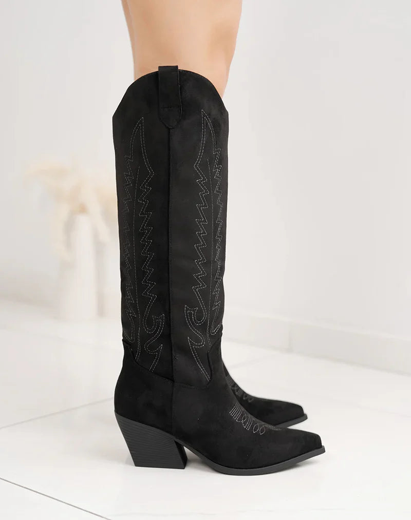 Sofía™ | Botas vaqueras de ante negras con bordado