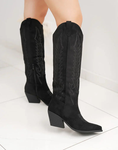Sofía™ | Botas vaqueras de ante negras con bordado