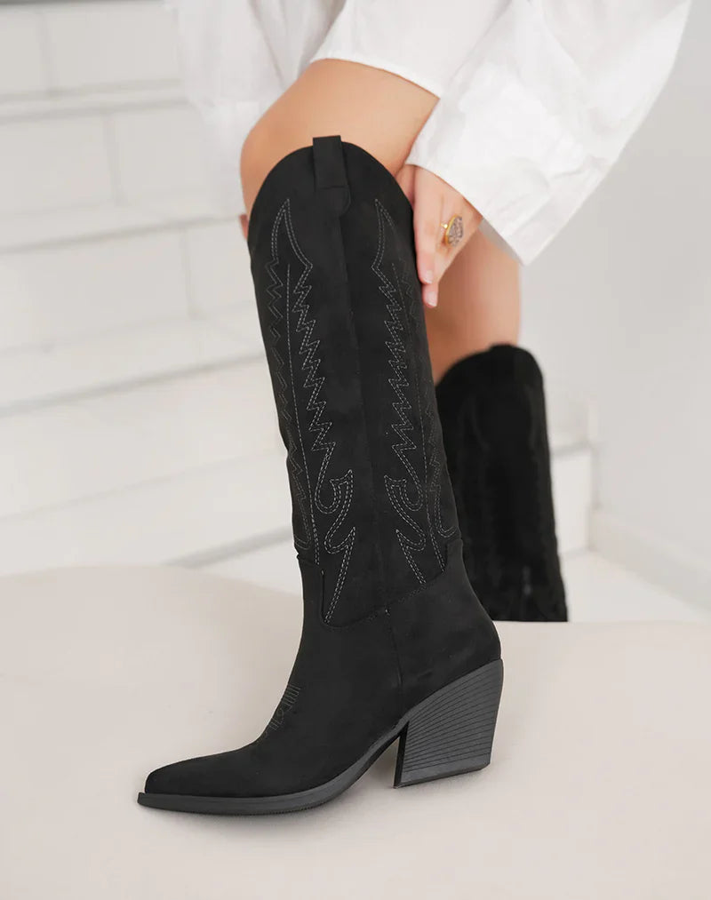 Sofía™ | Botas vaqueras de ante negras con bordado