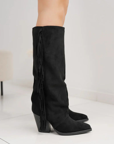 Lucía™ | Botas de ante negras con flecos y tacón ancho