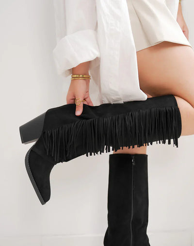 Lucía™ | Botas de ante negras con flecos y tacón ancho