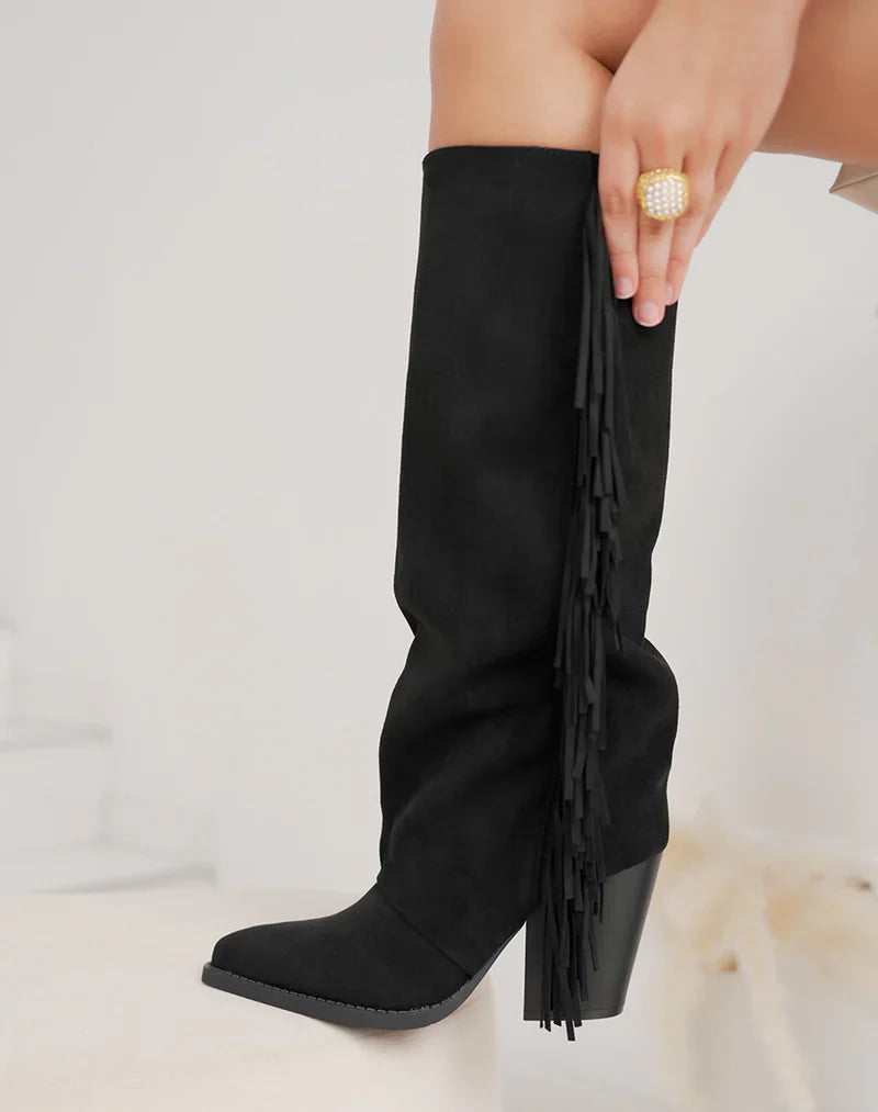 Lucía™ | Botas de ante negras con flecos y tacón ancho