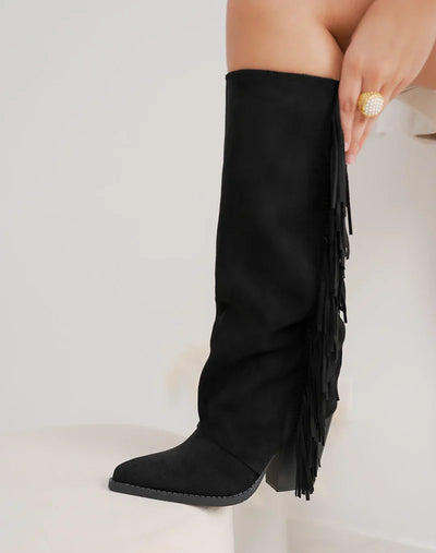 Lucía™ | Botas de ante negras con flecos y tacón ancho