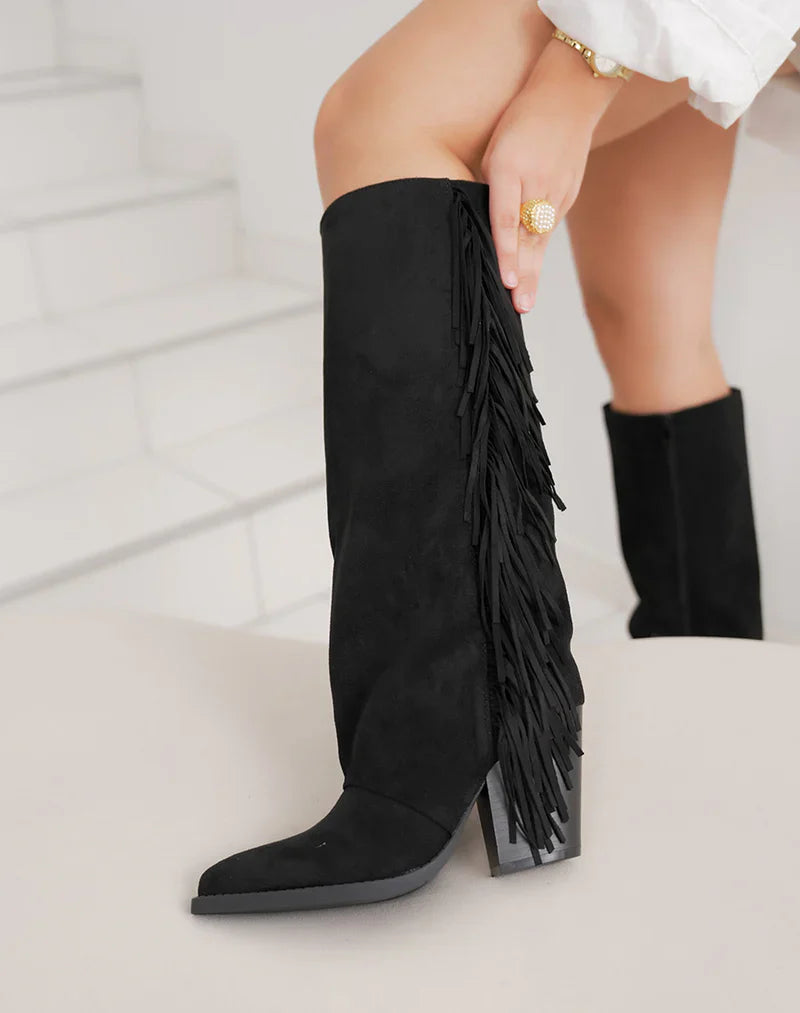 Lucía™ | Botas de ante negras con flecos y tacón ancho
