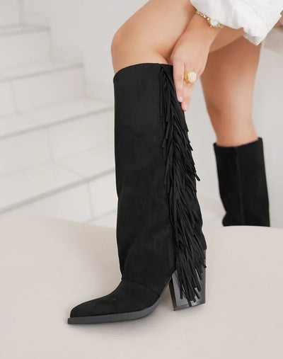 Lucía™ | Botas de ante negras con flecos y tacón ancho